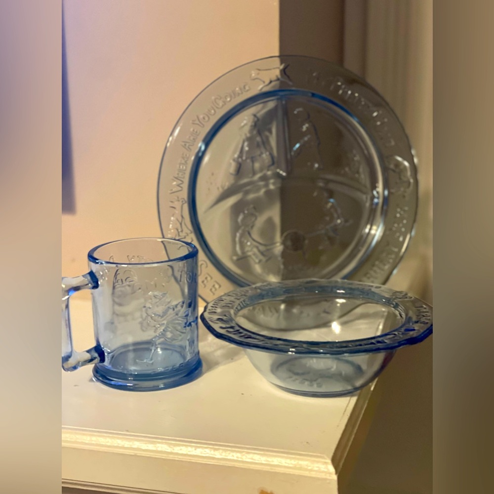 Vintage Baby Childs Set Tiara Blue Glass Nursery Rhyme Plate Mug Bowl (M)